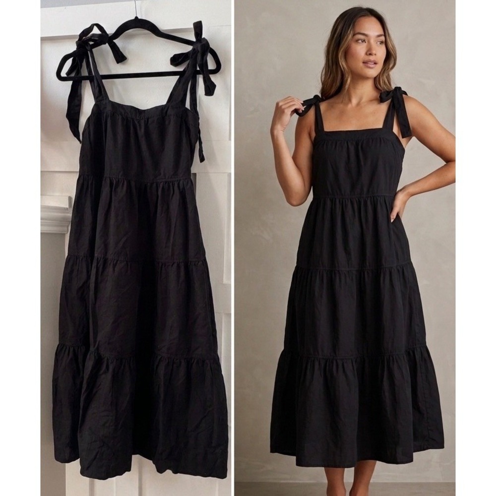 free assembly black tiered midi dress with tie-shoulder straps, size small